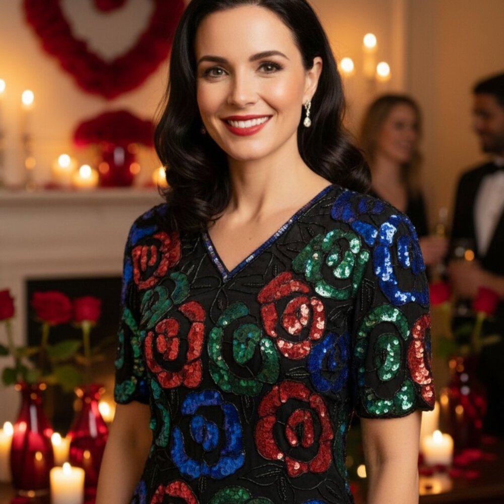 Vintage Stenay Multicolor Sequin Rose Blouse